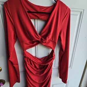 Red Cut-Out Long Sleeve Dress